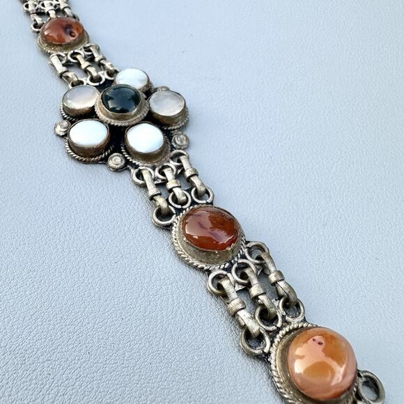 Vintage Boho Etruscan Revival Style Bracelet Agate Gems Cabs Silver Tone Ethnic - Picture 3 of 8